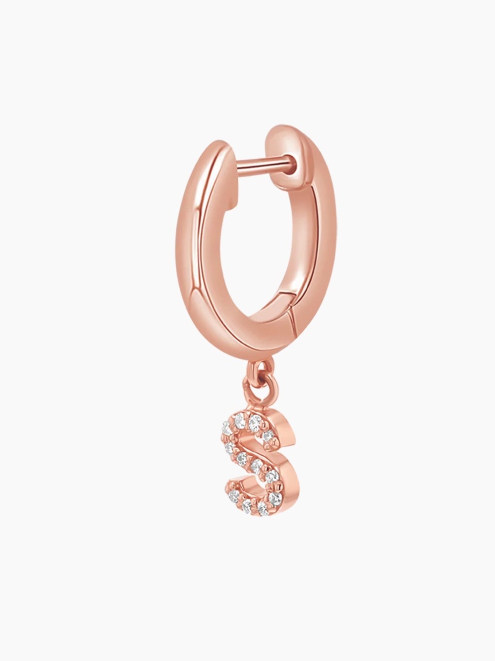 Diamond Initial C Charm Drop Huggie Earring in Rose Gold